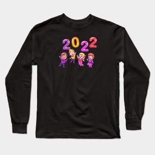 Cute Kids Holding Balloon New Year 2022 Cartoon Long Sleeve T-Shirt